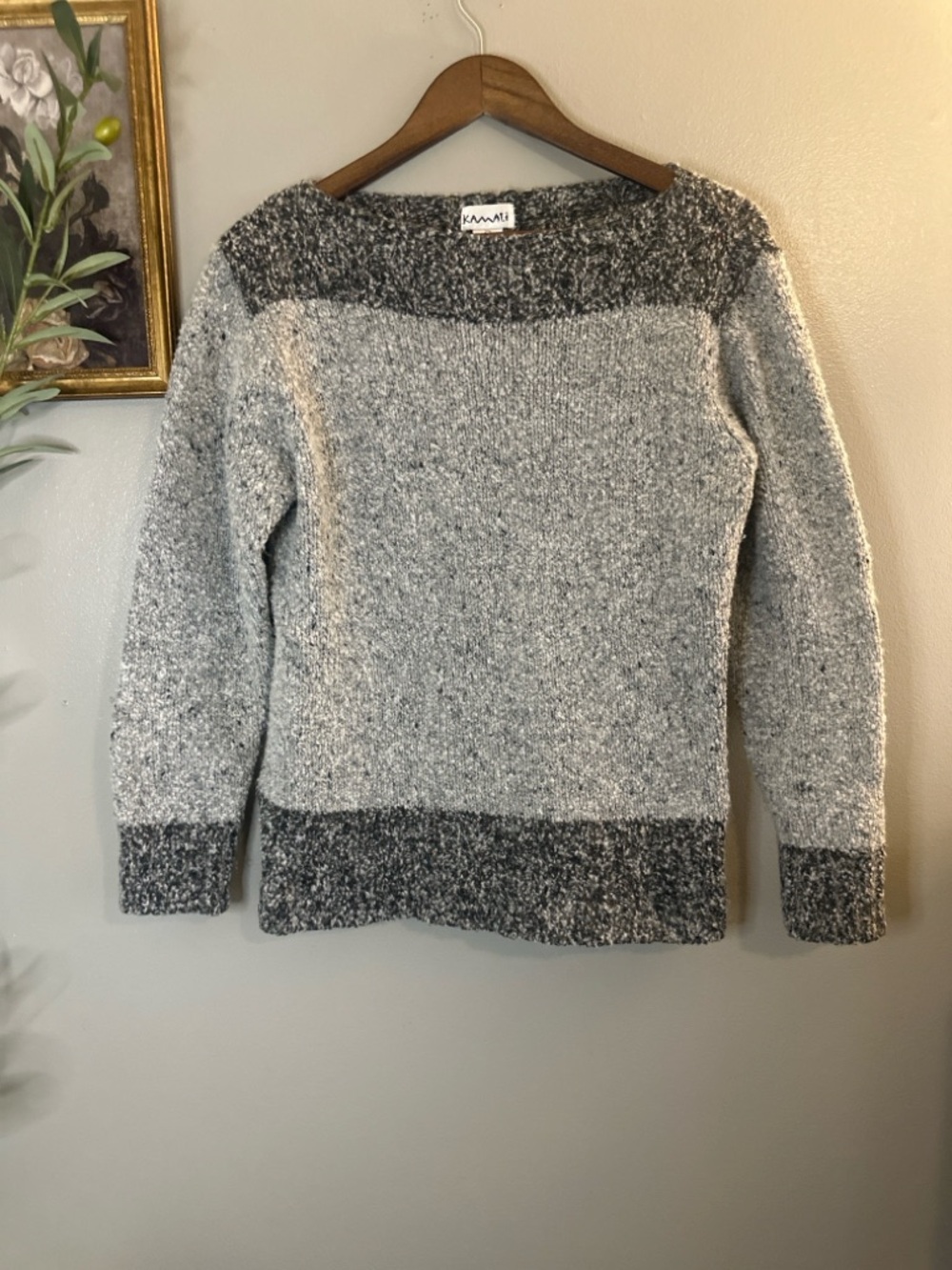 Kamali Gray Bouclé Wool Blend Boat Neck Colorblock Cozy Knit Sweater Medium - Picture 3 of 7